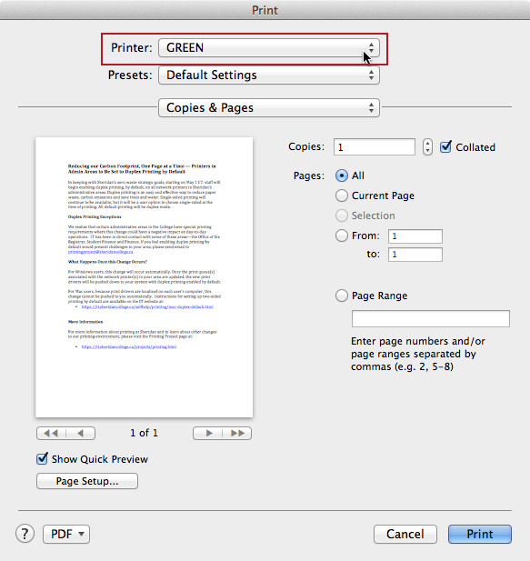 how to set default printing for ms word on mac