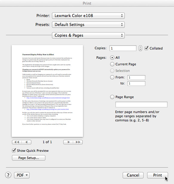 enter login credentials on a mac for printing