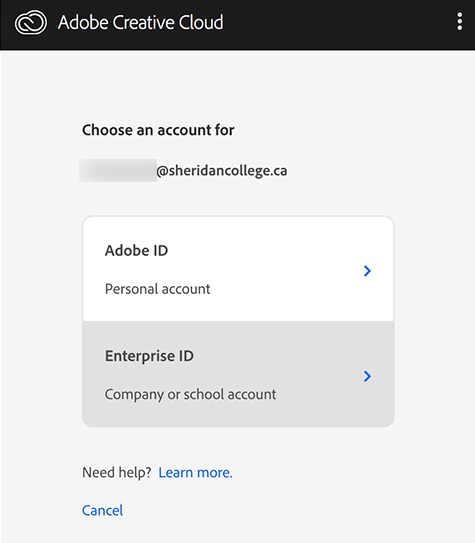 Adobe CC Enterprise ID prompt